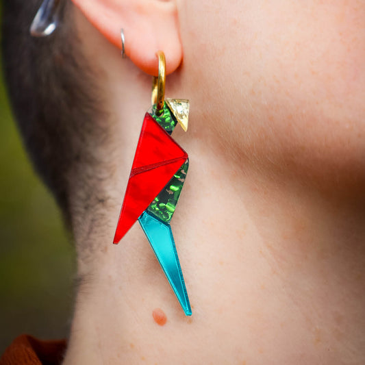 Origami-Inspired Perched Parrot Hoop Earrings - Handmade Bird Earrings