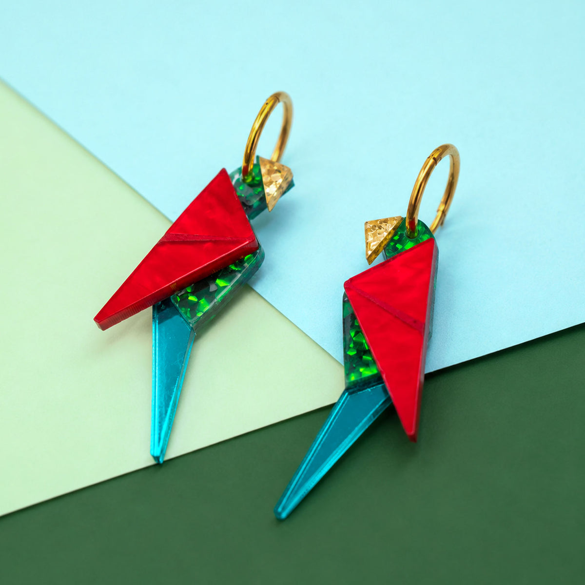 Origami-Inspired Perched Parrot Hoop Earrings - Handmade Bird Earrings