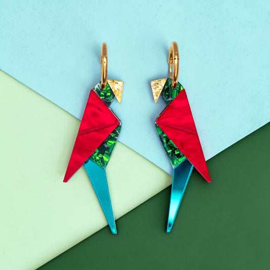 Origami-Inspired Perched Parrot Hoop Earrings - Handmade Bird Earrings