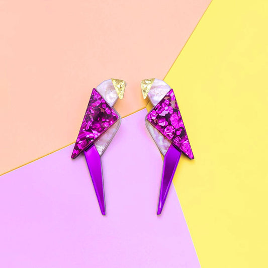 Origami-Inspired Perched Parrot Stud Earrings - Handmade Bird Earrings