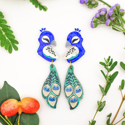 Peacock Dangles - Statement Bird Earrings