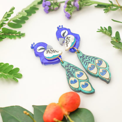 Peacock Dangles - Statement Bird Earrings