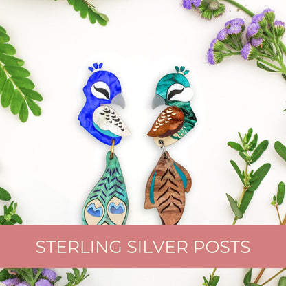 MISMATCHED Peacock/Peahen Dangles - Statement Bird Earrings