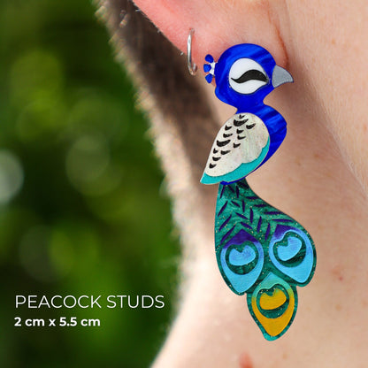 MISMATCHED Peacock/Peahen Studs - Statement Bird Earrings