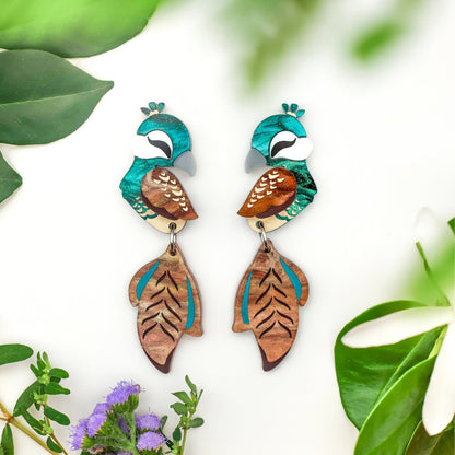 Peahen Dangles - Statement Bird Earrings