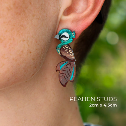 MISMATCHED Peacock/Peahen Studs - Statement Bird Earrings