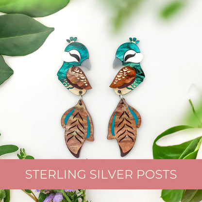 Peahen Dangles - Statement Bird Earrings