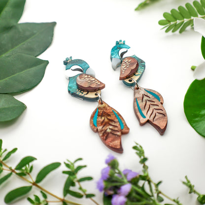 Peahen Dangles - Statement Bird Earrings