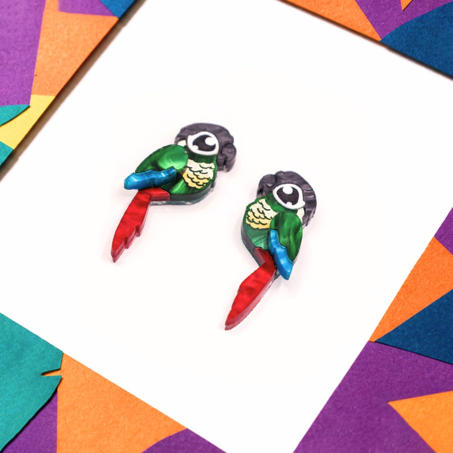 Green-Cheeked Conure Acrylic Stud Earrings - Handmade Bird Earrings