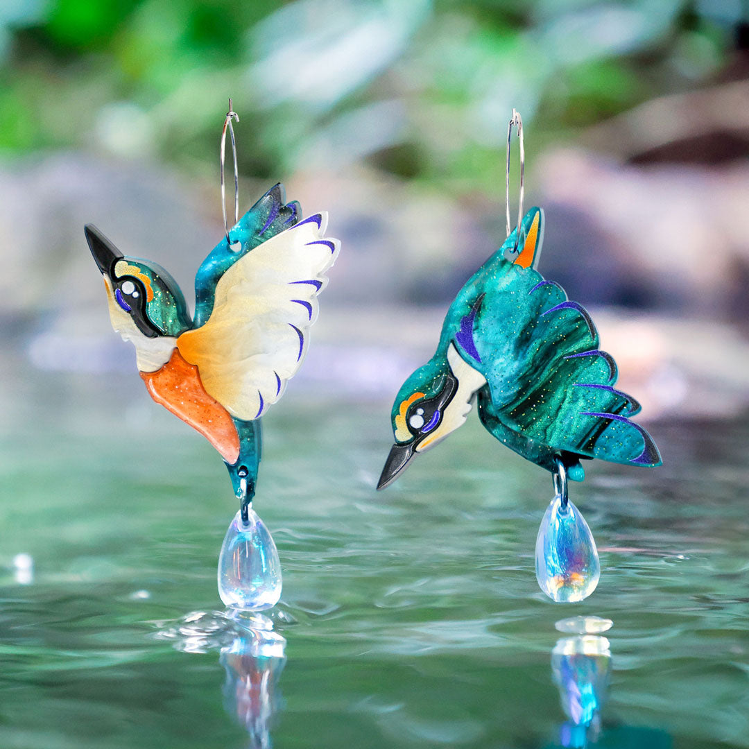 Sacred Kingfisher Hoops - Handmade Bird Earrings