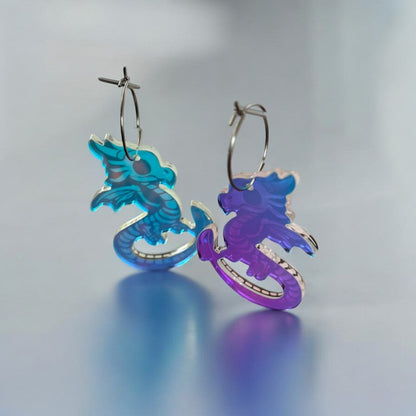 Reversible Iridescent Skeleton Dragon Earrings - Handmade Fantasy Jewellery