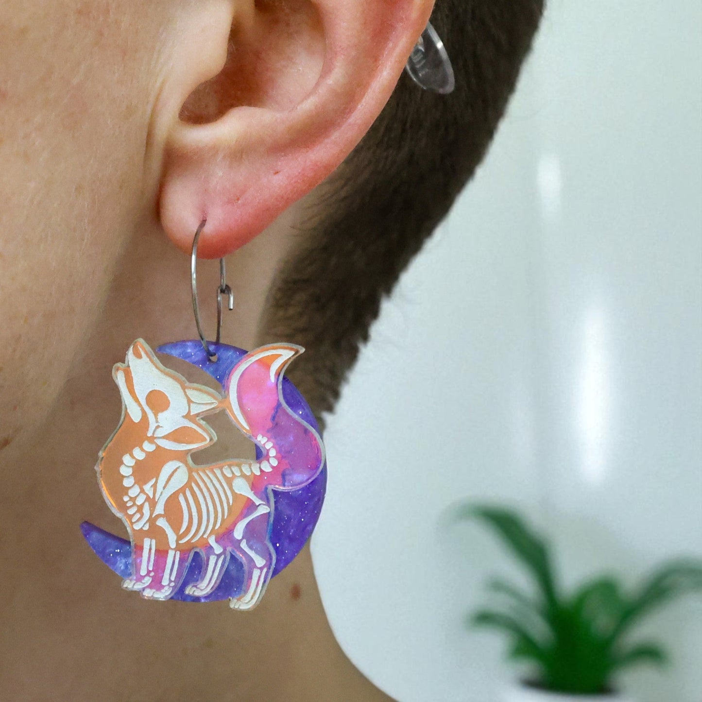 Iridescent Skeleton Wolf Earrings - Handmade Fantasy Jewellery