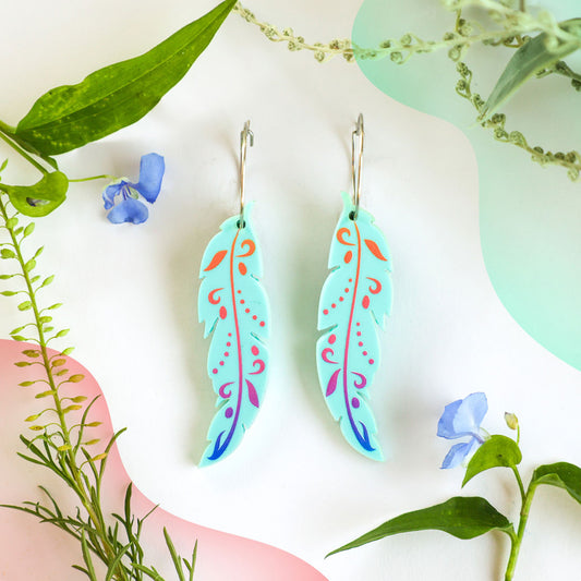 Funky Feathers - Mint - Handmade Statement Bird Earrings