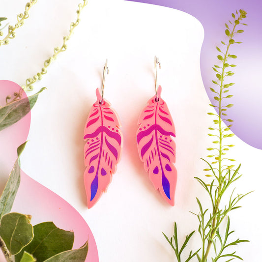 Funky Feathers - Raspberry - Handmade Statement Bird Earrings
