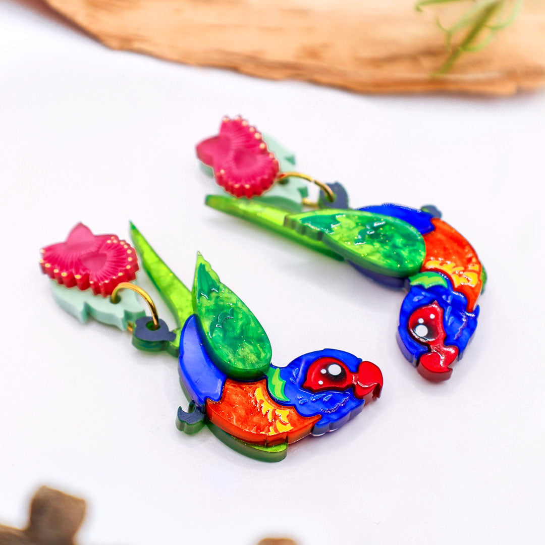 Rainbow Lorikeet Dangle Earrings - Statement Bird Earrings