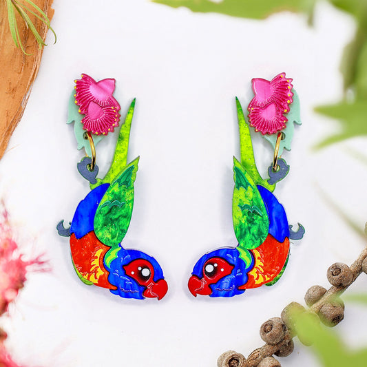Rainbow Lorikeet Dangle Earrings - Statement Bird Earrings