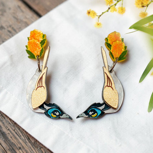 NEW: Blue-Faced Honeyeater - Handmade Acrylic Bird Earrings