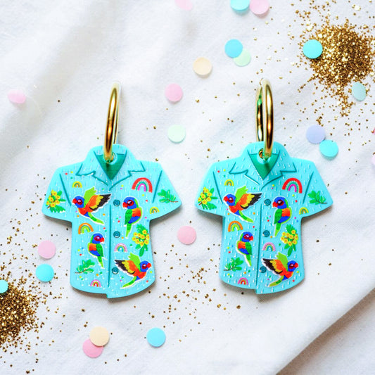 Bird Shirt Hoop Earrings - Aqua Rainbow Lorikeet Print - 2026 Birthday Collection