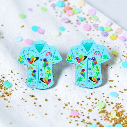 Bird Shirt Stud Earrings - Rainbow Lorikeets Print - 2026 Birthday Collection