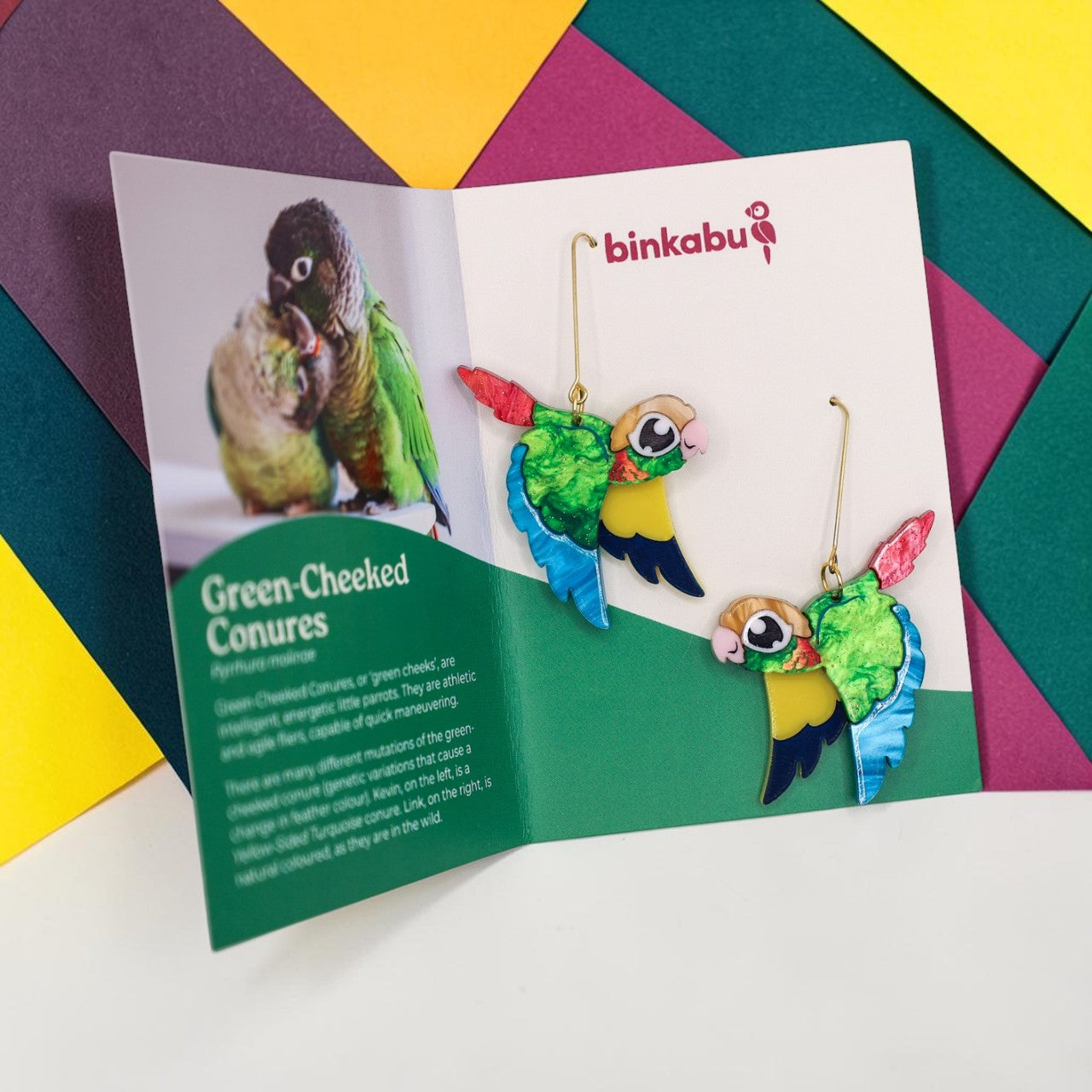 Pineapple Green-Cheeked Conure Acrylic Dangle Earrings - Handmade Bird Earrings