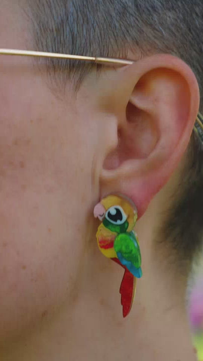 Pineapple Green-Cheeked Conure Acrylic Stud Earrings - Handmade Bird Earrings