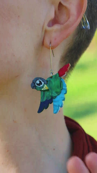 Green-cheeked Conure Acrylic Dangle Earrings - Handmade Bird Earrings