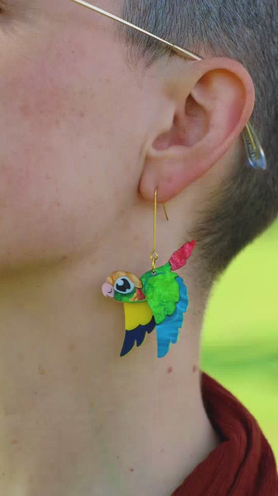 Pineapple Green-Cheeked Conure Acrylic Dangle Earrings - Handmade Bird Earrings