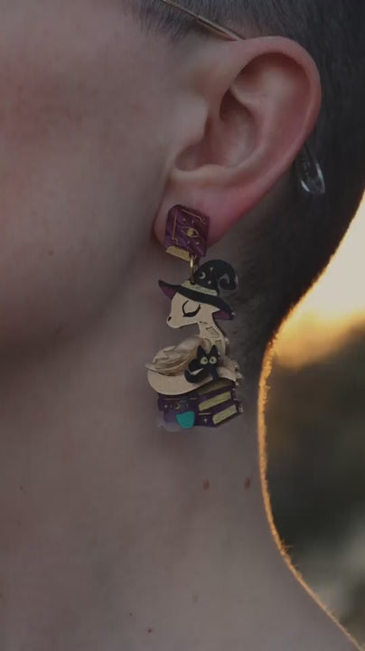 LIMITED EDITION - Sleepy Witch Dragon Dangles - Halloween Dragon Earrings