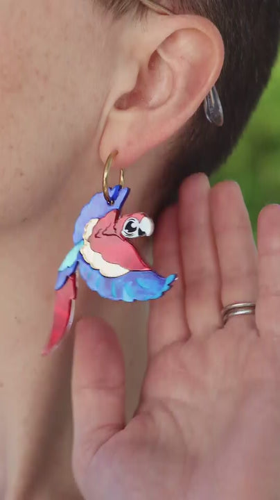 Scarlet Macaw Hoop Earrings - Handmade Bird Earrings