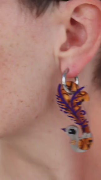 Superb Lyrebird Hoops - Statement Bird Earrings