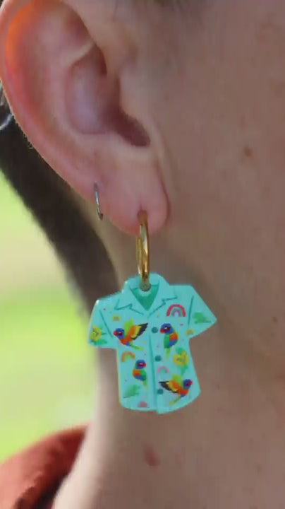 Bird Shirt Hoop Earrings - Aqua Rainbow Lorikeet Print - 2026 Birthday Collection