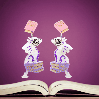 SPICE & DRAGONS - Romance-Reading 3D Book Dragon Earrings - Handmade Acrylic Dragon Earrings