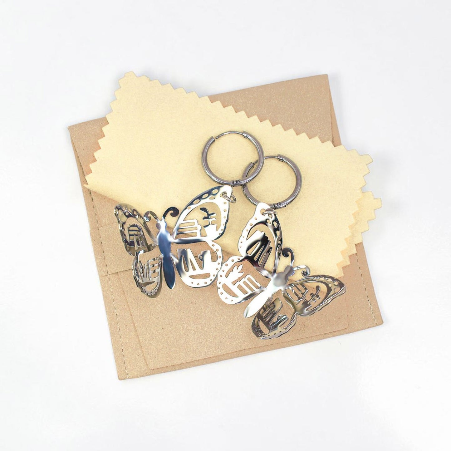 3D ‘Bookish Butterfly’ Hoop Earrings - Refined Metal Jewellery - Polished Stainless Steel