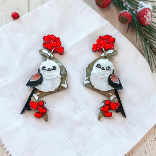 NEW: Japanese Long-Tailed Tit - "Snow Fairy" - Handmade Acrylic Bird Earrings