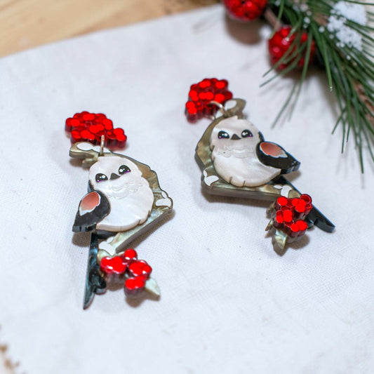 NEW: Japanese Long-Tailed Tit - "Snow Fairy" - Handmade Acrylic Bird Earrings