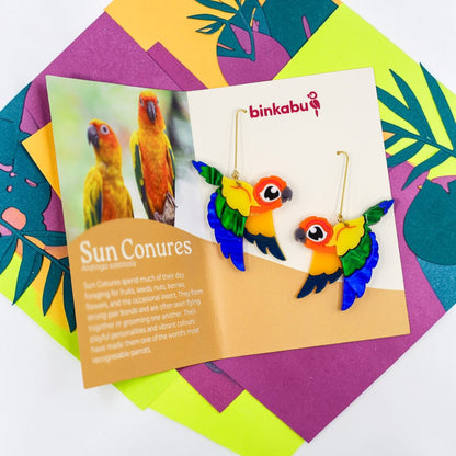 Sun Conure Acrylic Dangle Earrings - Handmade Bird Earrings