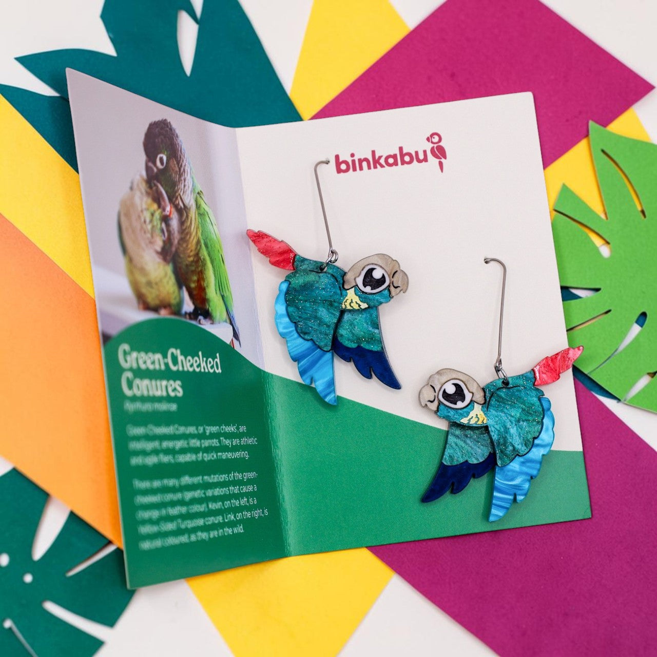 Turquoise Green-Cheeked Conure Acrylic Dangle Earrings - Handmade Bird Earrings