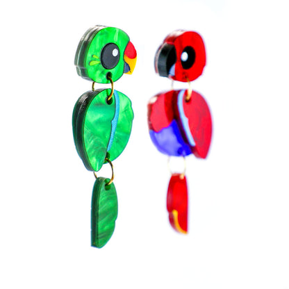 Eclectus Parrot Earrings - Mismatched Green/Red - Statement Bird Earrings