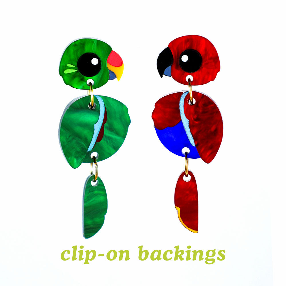 Eclectus Parrot Earrings - Mismatched Green/Red - Statement Bird Earrings