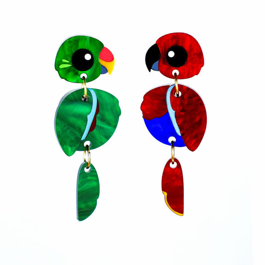 WHOLESALE - Eclectus Parrot Earrings - Mismatched Green/Red