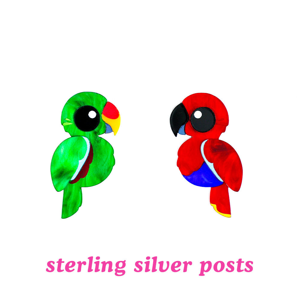 Eclectus Parrot Studs - Mismatched Green/Red - Statement Bird Earrings