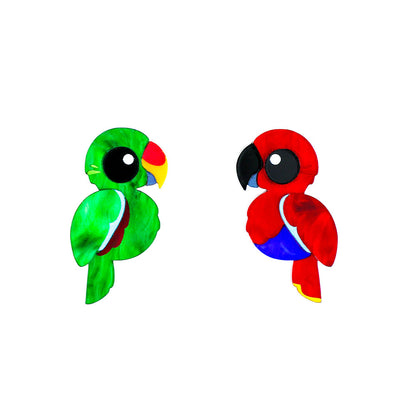 Eclectus Parrot Studs - Mismatched Green/Red - Statement Bird Earrings