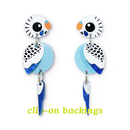 Budgie Earrings - Blue/White - Statement Bird Earrings