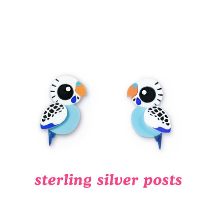 Budgie Studs - Blue/White - Statement Bird Earrings