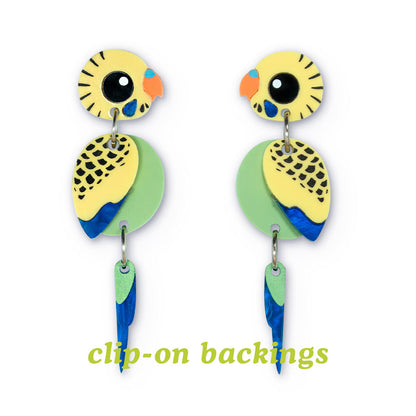 Budgie Earrings - Green/Yellow - Statement Bird Earrings