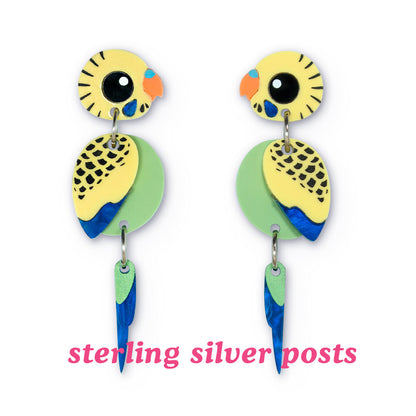 Budgie Earrings - Green/Yellow - Statement Bird Earrings