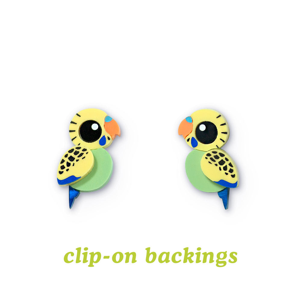 Budgie Studs - Green/Yellow - Statement Bird Earrings