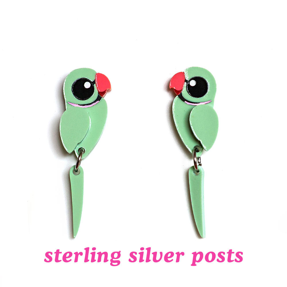 Indian Ringneck Parrot - Green - Statement Bird Earrings