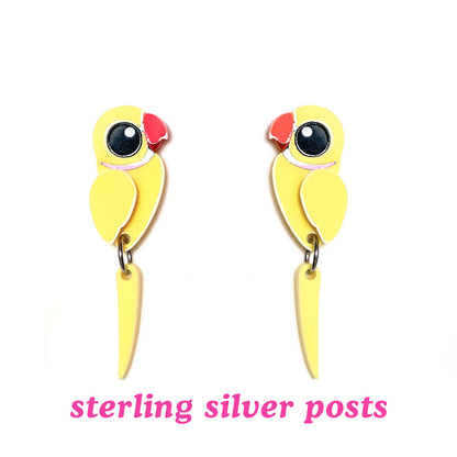 Indian Ringneck Parrot - Lutino (Yellow) - Statement Bird Earrings